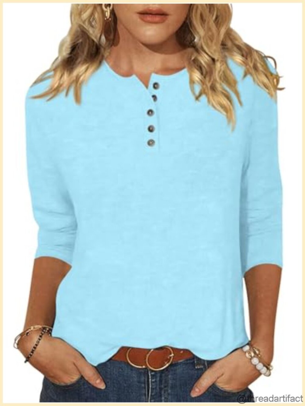 Womens 3/4 Sleeve Henley Shirt Crew Neck Button Casual Top